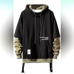 NWT Mens Casual Cotton Colorblock Hoodie in Black & Olive Hoodie, Size Large